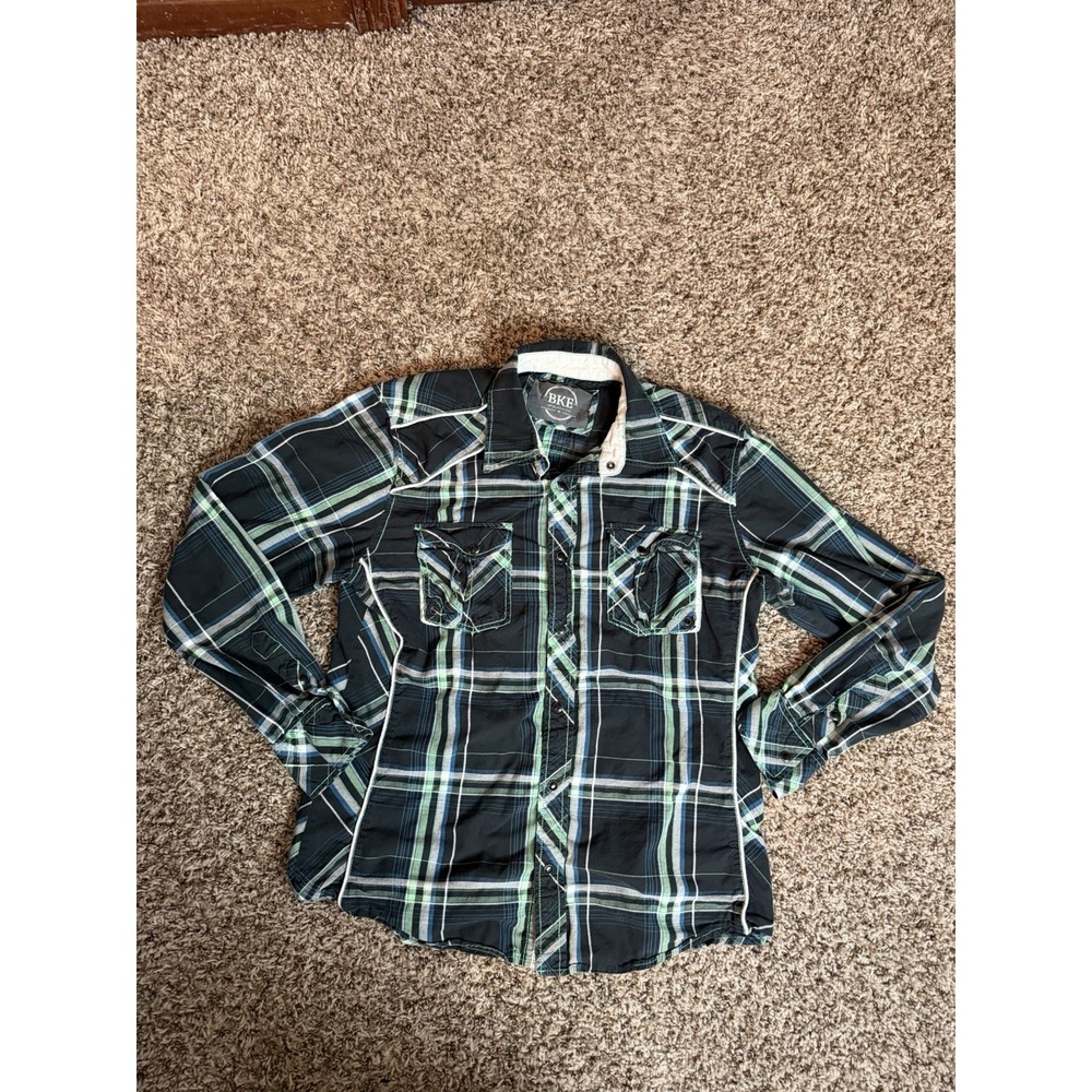 BKE Buckle Medium Black Blue Plaid Standard Fit Pearl Snap Long Sleeve Shirt